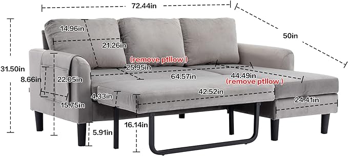 72.44" L-Shaped Reversible Sectional Sofa w/Pull Out Bed & Storage Chaise Lounge,Interior Furniture Comfy Sleeper Corner Couch with 3 Throw Pillows and Pockets,for Dorm,Apartment,Gray - LeafyLoom