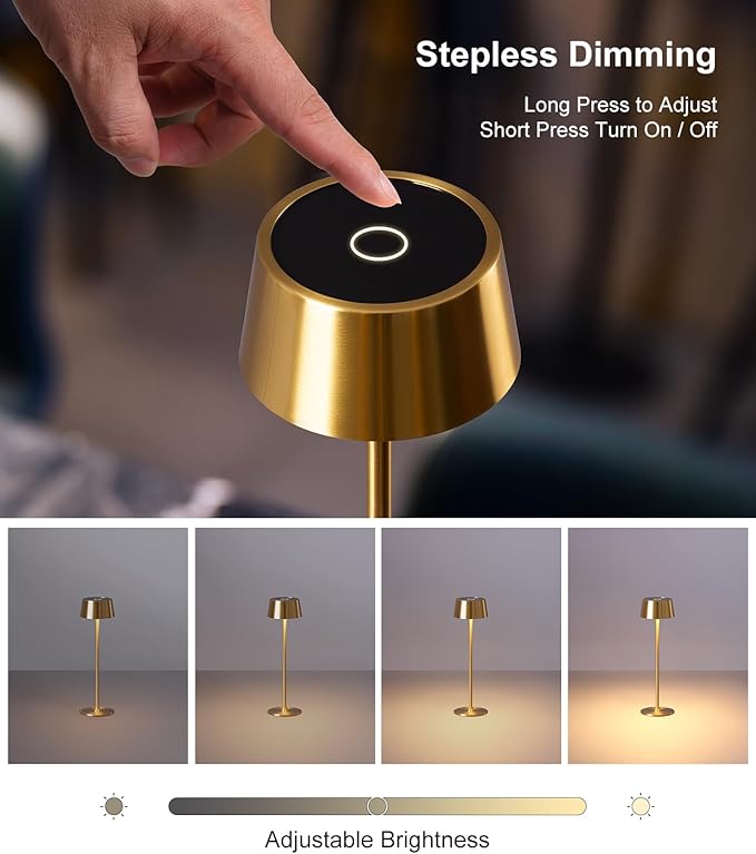 DAWALIGHT Cordless table Lamp 4000mAh Portable Cordless Lamp LED Rechargeable Lamp Stepless Dimming copper Battery Operated Portable tempered glass 2700K copper Base - LeafyLoom