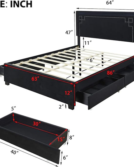 RITSU Queen Size Modern Upholstered Platform Bed with LED Bedframe and 4 Drawers Storable, Rivet-Decorated Headboard, No Box Spring Required, for Living Room, Apartment, Black - LeafyLoom