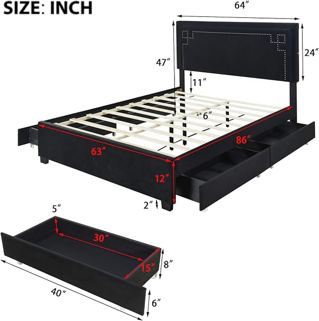 RITSU Queen Size Modern Upholstered Platform Bed with LED Bedframe and 4 Drawers Storable, Rivet-Decorated Headboard, No Box Spring Required, for Living Room, Apartment, Black - LeafyLoom
