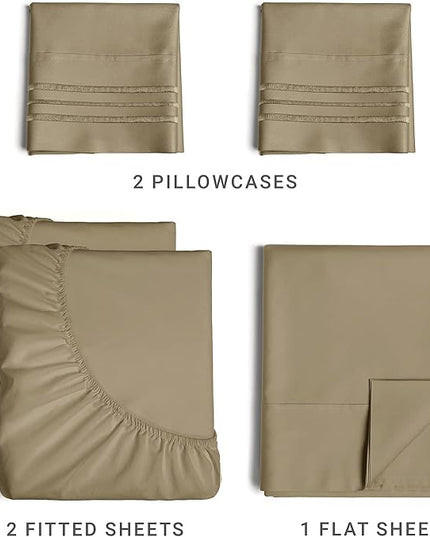 Split King Size 5 Piece Sheet Set - Comfy Breathable & Cooling Sheets - Hotel Luxury Bed Sheets for Women & Men - Deep Pockets, Easy-Fit, Soft & Wrinkle Free Sheets - Khaki Oeko-Tex Bed Sheet Set - LeafyLoom