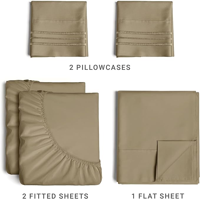 Split King Size 5 Piece Sheet Set - Comfy Breathable & Cooling Sheets - Hotel Luxury Bed Sheets for Women & Men - Deep Pockets, Easy-Fit, Soft & Wrinkle Free Sheets - Khaki Oeko-Tex Bed Sheet Set - LeafyLoom