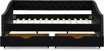 Full Size Daybed with Two Storage Drawers, Linen Upholstered Tufted Sofa Bed w/Button on Back and Copper Nail on Waved Shape Arms, for Bedroom Living Room, No Box Spring Needed, Black - LeafyLoom