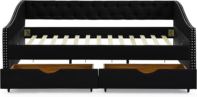 Full Size Daybed with Two Storage Drawers, Linen Upholstered Tufted Sofa Bed w/Button on Back and Copper Nail on Waved Shape Arms, for Bedroom Living Room, No Box Spring Needed, Black - LeafyLoom