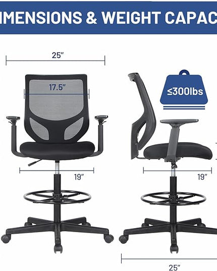 Tall Office Chair, Drafting Chair, High Adjustable Standing Desk Chair, Ergonomic Mesh Computer Task Table Chairs with Adjustable Armrests and Foot-Ring for Standing Desk and Bar Height Desk - LeafyLoom
