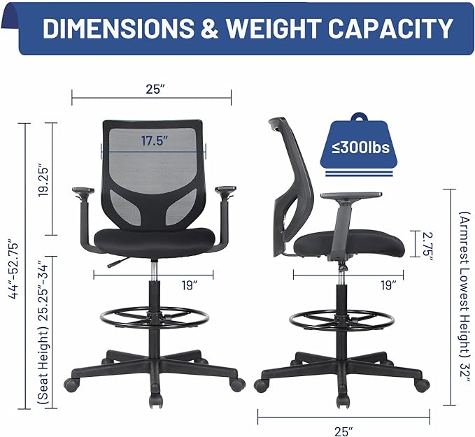 Tall Office Chair, Drafting Chair, High Adjustable Standing Desk Chair, Ergonomic Mesh Computer Task Table Chairs with Adjustable Armrests and Foot-Ring for Standing Desk and Bar Height Desk - LeafyLoom