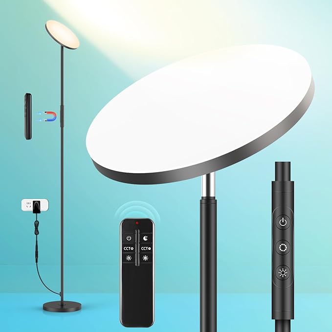 LED Floor Lamp, 3000LM 30W Super Bright Standing Lamp, 300W Equivalent Modern Torchiere Sky Lamp, 2700K-6500K Stepless Dimming with Remote & Touch Control, 69" Tall Lamp for Living Room Bedroom Office - LeafyLoom