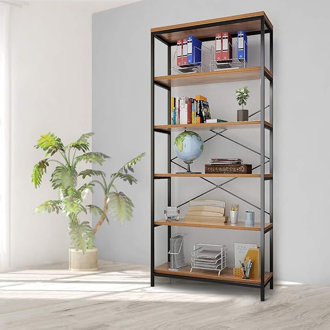 Himimi 6 Tier Industrial Bookshelf, Vintage Standing Storage Shelf, Display Shelving Units, Tall Bookcase, Industrial Metal Book Shelves for Living Room Bedroom and Home Office - LeafyLoom