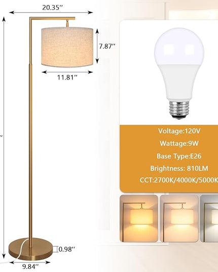 FAGUANGAO 3-Color Temterapure Gold Floor Lamp, Mid Century Modern Floor Lamp, Brass Standing Lamp with Hanging Drum Shade for Living Room, Reading Room, Bedroom, Office (LED Bulb Included) - LeafyLoom