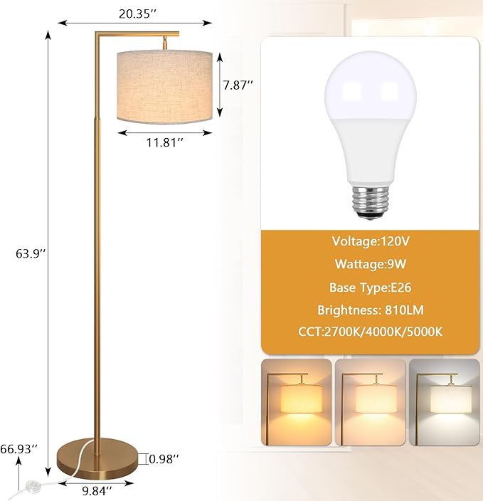 FAGUANGAO 3-Color Temterapure Gold Floor Lamp, Mid Century Modern Floor Lamp, Brass Standing Lamp with Hanging Drum Shade for Living Room, Reading Room, Bedroom, Office (LED Bulb Included) - LeafyLoom