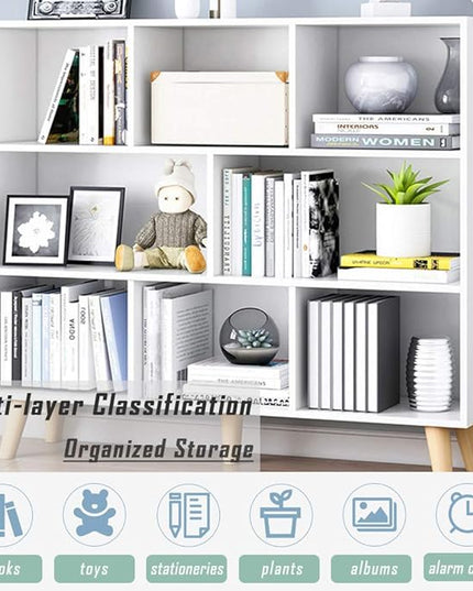 IOTXY Wooden Open Shelf Bookcase - 3-Tier Floor Standing Display Cabinet Rack with Legs, 8 Cubes Bookshelf, Warm White - LeafyLoom