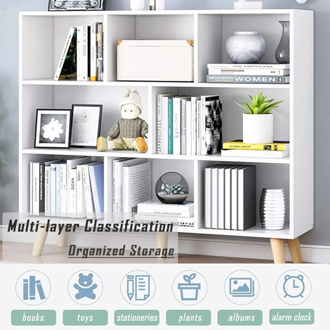 IOTXY Wooden Open Shelf Bookcase - 3-Tier Floor Standing Display Cabinet Rack with Legs, 8 Cubes Bookshelf, Warm White - LeafyLoom