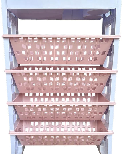 5 Tier Rolling Utility Book Cart, Movable Bookshelf Organizer with Wheels, Storage Book Shelves, Book Rack for Study in Classroom School Office, White-Pink - LeafyLoom