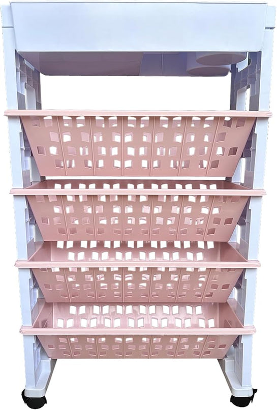 5 Tier Rolling Utility Book Cart, Movable Bookshelf Organizer with Wheels, Storage Book Shelves, Book Rack for Study in Classroom School Office, White-Pink - LeafyLoom
