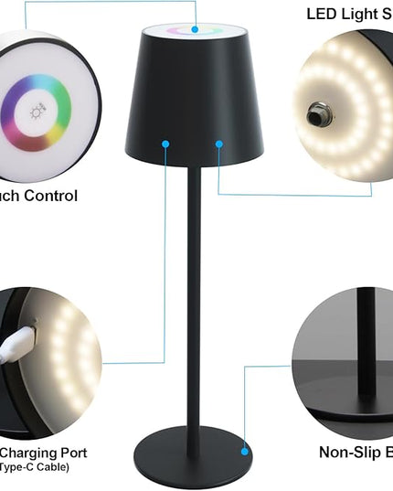 ORALUCE RGB Cordless Table Lamp Rechargeable, LED Battery Operated Desk Lamp with Type-C Charging Port, Multiple Colour Stepless Dimming Touch Lamp for Outdoor Party/Coffee Shop/Camping/Bars, 1 Pack - LeafyLoom
