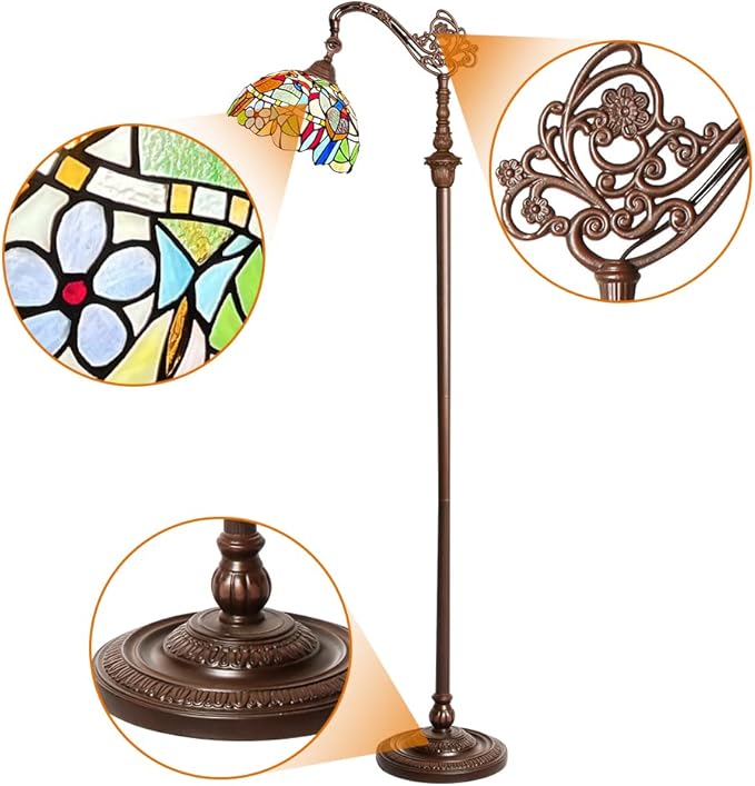 Capulina Tiffany Floor Lamp Antique Cardinal Birds Style Stained Glass Soft Light Arched Gooseneck Adjustable Angle Reading Standing Lamp for Living Room Bedroom Home Office - LeafyLoom
