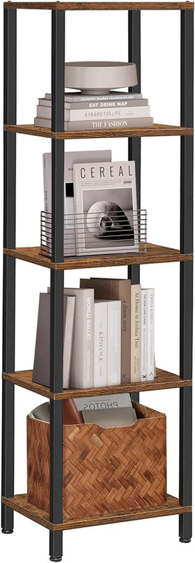 TUTOTAK Bookshelf, 5-Tier Tall Book Shelf, Narrow Bookcase for Small Space, DIY Stackable Bookshelf, for Living Room, Office, Study, Entryway, Industrial, Rustic Brown and Black BS01BB005 - LeafyLoom