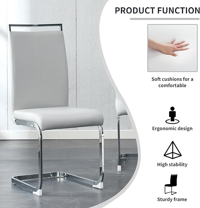 Dining Chairs Set, Kitchen Modern Metal Chairs with Faux Leather Padded Seat High Back and Sturdy Chrome Legs, Chairs for Dining Room (Light Gray, Set of 2) - LeafyLoom