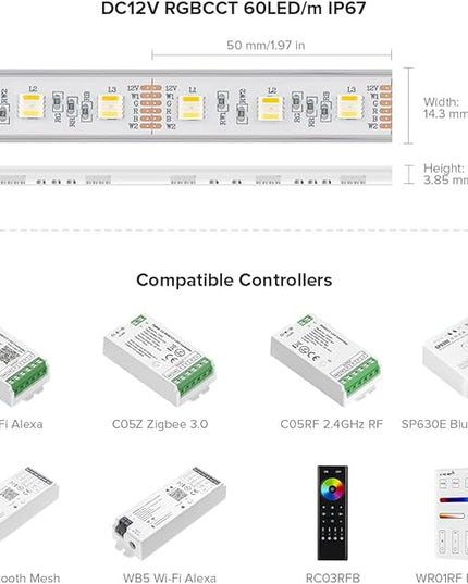 BTF-LIGHTING RGBCCT 5 Colors in 1 LED 5050SMD RGBWW RGB+Dimmable Tunable Color Temperature 2700K-6500K 16.4ft 60LEDs/m 300LEDs DC12V Multi-Colored Tape Lights IP67 White PCB(No Adapter or Controller) BTF-LIGHTING
