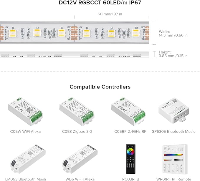 BTF-LIGHTING RGBCCT 5 Colors in 1 LED 5050SMD RGBWW RGB+Dimmable Tunable Color Temperature 2700K-6500K 16.4ft 60LEDs/m 300LEDs DC12V Multi-Colored Tape Lights IP67 White PCB(No Adapter or Controller) BTF-LIGHTING