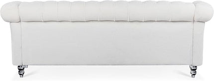 3-Seaters Living Room Clasic Chesterfield Sofa Couch Button Tufted PU Leather Upholstered Sofa&Couch with Luxury Roller Armrest Crystal Legs Movable Cushions & Nailhead Decor - LeafyLoom