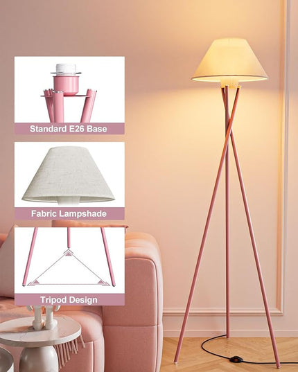 Lightdot 77IN Tripod Floor Lamp Pink, Mid Century Modern Standing Lamps with Fabric Lampshade, Bulb Included, Farmhouse Tall Lamps Vintage Floor Lamp for Living Room, Bedroom - LeafyLoom