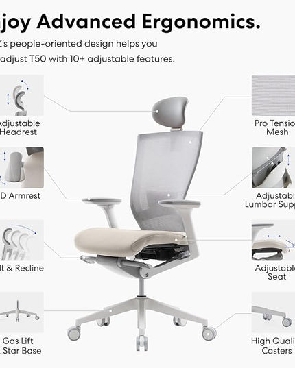 SIDIZ T50 Ergonomic Home Office Chair : High Performance, Adjustable Headrest, 2-Way Lumbar Support, 3-Way Armrest, Forward Tilt, Adjustable Seat Depth, Ventilated Mesh Back, Cushion Seat (Beige) - LeafyLoom