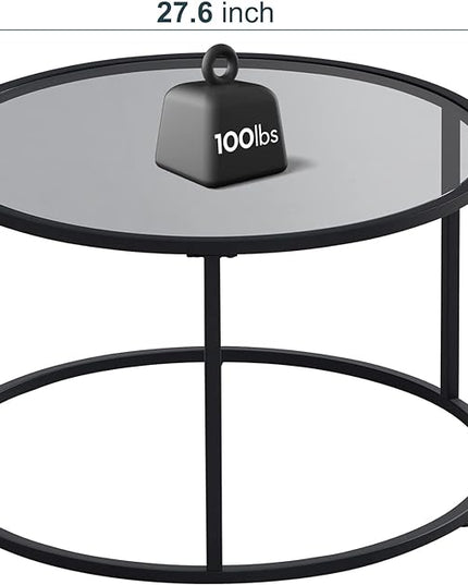 SAYGOER Round Coffee table Glass Coffee Tables for Small Space Simple Modern Center Table for Living Room Home Office, Sofa Side Table with Metal Steel Frame, Easy Assembly, Gray Black - LeafyLoom