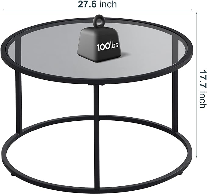 SAYGOER Round Coffee table Glass Coffee Tables for Small Space Simple Modern Center Table for Living Room Home Office, Sofa Side Table with Metal Steel Frame, Easy Assembly, Gray Black - LeafyLoom