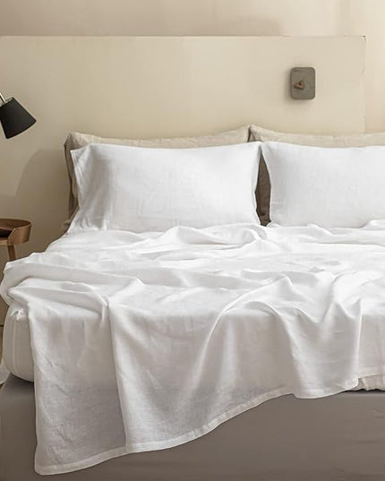 Simple&Opulence 100% Linen Sheet Set Solid Color-4 Pcs Washed French Linen Bed Sheets(1 Flat Sheet,1 Fitted Sheet,2 Pillowcases)-Breathable Bedding Set (White, Queen) - LeafyLoom