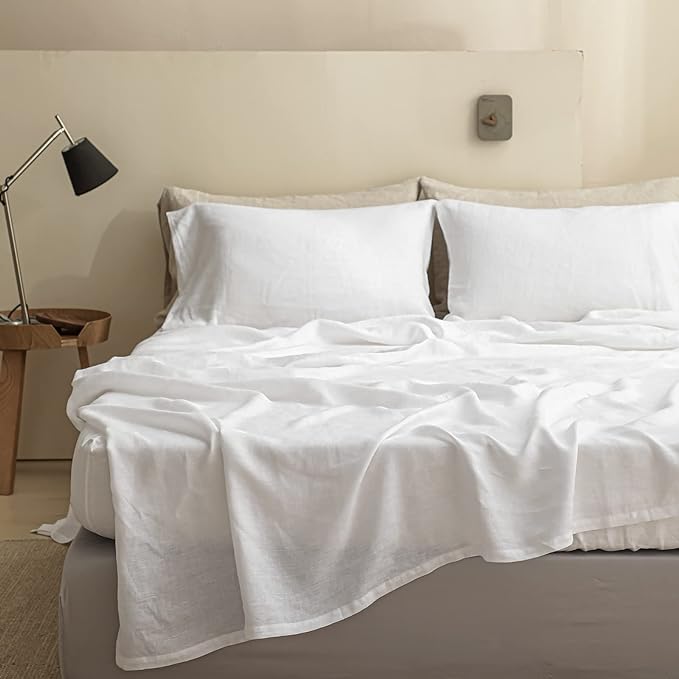 Simple&Opulence 100% Linen Sheet Set Solid Color-4 Pcs Washed French Linen Bed Sheets(1 Flat Sheet,1 Fitted Sheet,2 Pillowcases)-Breathable Bedding Set (White, Queen) - LeafyLoom
