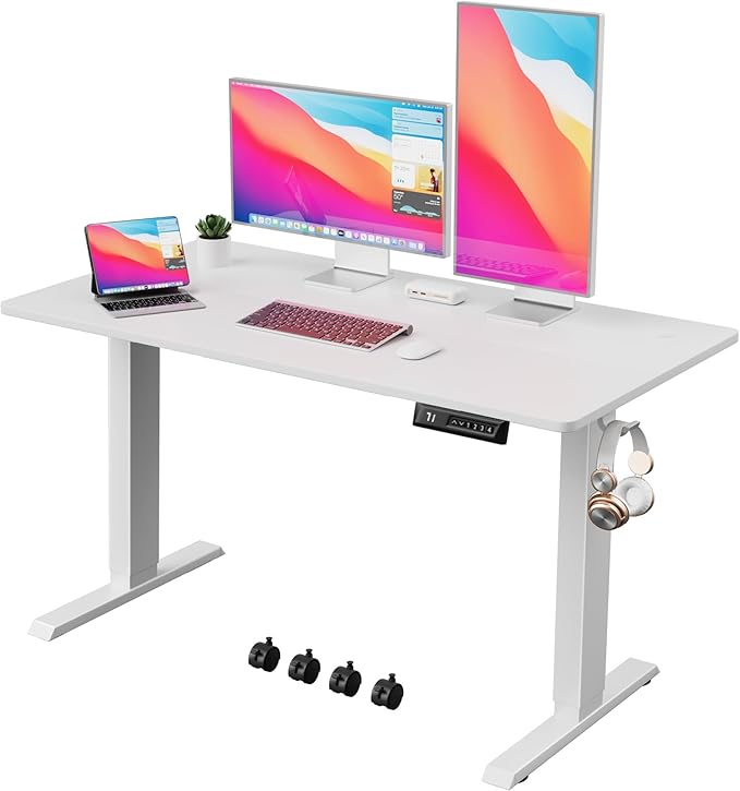 Electric Standing Desk 48 Inch, Ergonomic Height Adjustable Table with T-Shaped Metal Bracket Modern Computer Workstations for Home Office, White - LeafyLoom