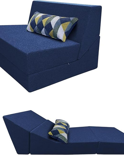 Folding Sleeper Chair Bed with Pillow Memory Foam Futon Sofa Couch Bed Lazy Chair for Living Room/Home Office/Apartment/Upstairs Loft，Washable Cover,Dark Blue - LeafyLoom