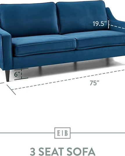 Edenbrook Jensen Upholstered Couch - Couches for Living Room – Blue Velvet Couch - Living Room Furniture - Small Couch - Seats Three - Scoop Arm Modern Couch - LeafyLoom