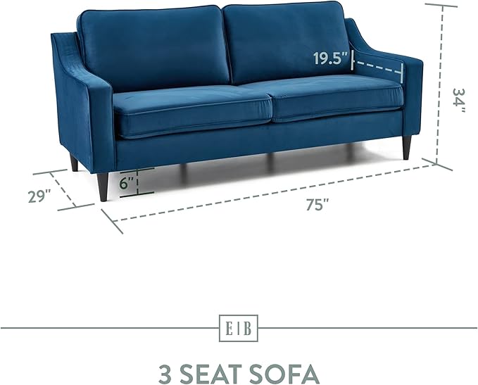 Edenbrook Jensen Upholstered Couch - Couches for Living Room – Blue Velvet Couch - Living Room Furniture - Small Couch - Seats Three - Scoop Arm Modern Couch - LeafyLoom