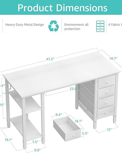 Lufeiya White Computer Desk with Drawers & Storage Shelves, 47 Inch Study Work Writing Desk for Home Office Bedroom, Simple Modern Cute PC Desks Table, White - LeafyLoom