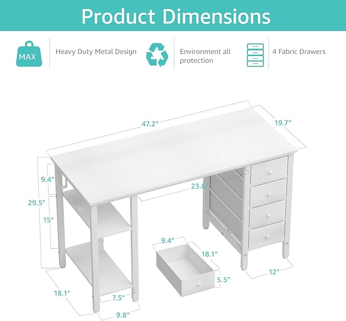 Lufeiya White Computer Desk with Drawers & Storage Shelves, 47 Inch Study Work Writing Desk for Home Office Bedroom, Simple Modern Cute PC Desks Table, White - LeafyLoom