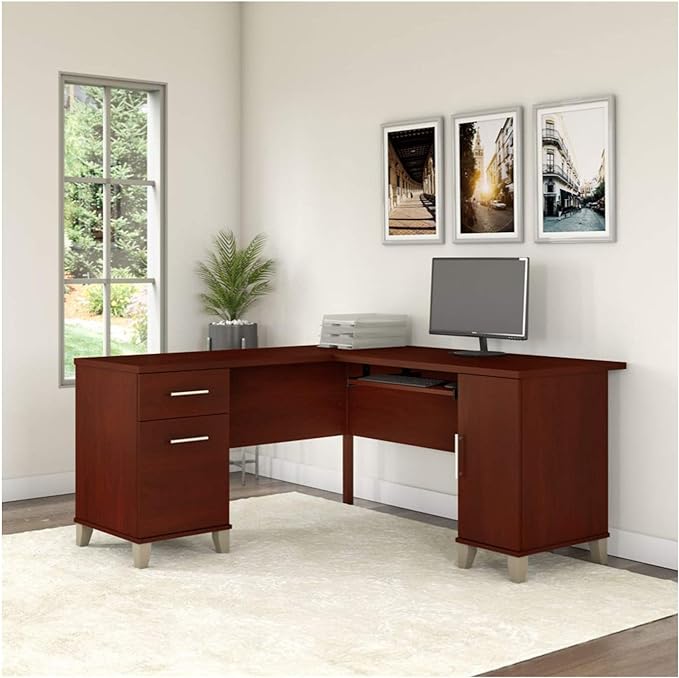 Bush Furniture Somerset 60W L Shaped Desk with Storage in Platinum Gray - LeafyLoom