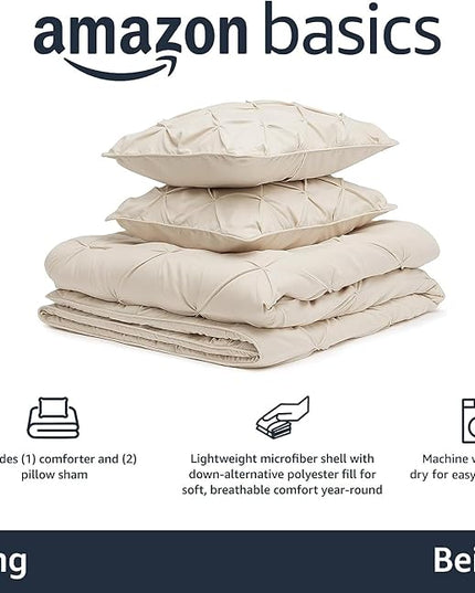 Amazon Basics All-Season Down-Alternative Comforter 3-Piece Bedding Set, Geometric, Pinch Pleat, King, Beige - LeafyLoom