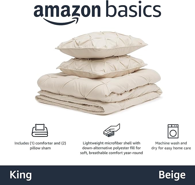 Amazon Basics All-Season Down-Alternative Comforter 3-Piece Bedding Set, Geometric, Pinch Pleat, King, Beige - LeafyLoom