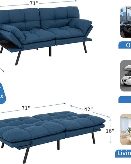 MUUEGM Futon Sofa Bed,Convertible Memory Foam Futons Couch Bed,Folding Sofa Bed Sleeper Couch Loveseat for Living Room,office,Apartment,Small Space,Adjustable Backrest Armrests,Blue - LeafyLoom