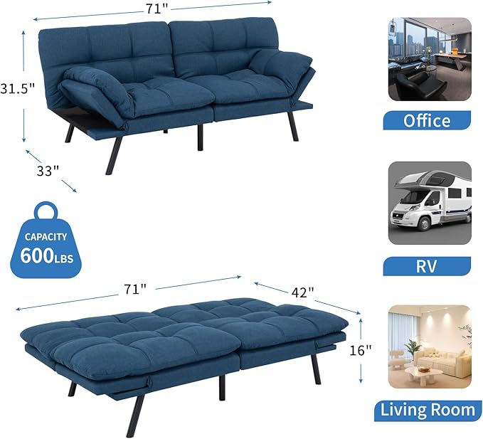 MUUEGM Futon Sofa Bed,Convertible Memory Foam Futons Couch Bed,Folding Sofa Bed Sleeper Couch Loveseat for Living Room,office,Apartment,Small Space,Adjustable Backrest Armrests,Blue - LeafyLoom