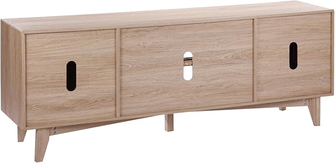 VEVOR Rattan TV Stand, Mid Century Modern TV Stand for 75 inch TV, Boho Rattan TV Cabinet with Build-in Socket and USB Ports, Adjustable Shelfs for Living Room, Media Room, Oak - LeafyLoom