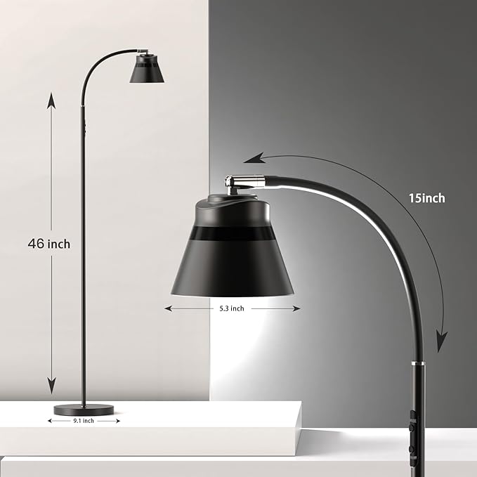 AXX LED Reading Floor Lamp for Office/Living Room/Bedroom, 2000LM Bright Dimmable Standing Lamp with Remote for Task and Craft - Black, Adjustable Gooseneck, Industrial, Minimalist, Small, Metal - LeafyLoom