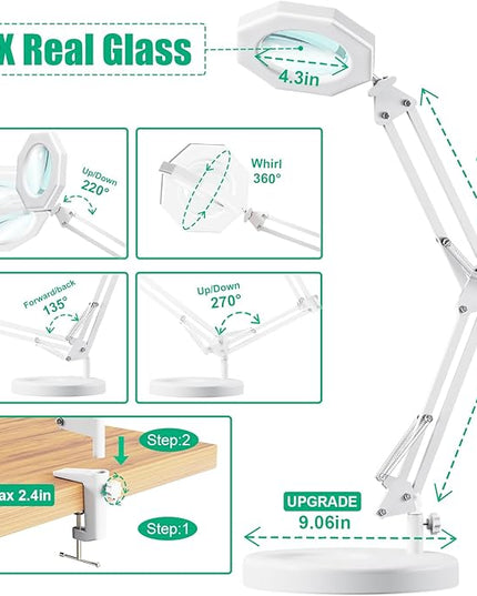 10X Magnifying Glass with Light Hand Free, HITTI 3 Color Stepless Dimmable Magnifying Lamp, 2-in-1 Lighted Deak Lamp & Clamp, Magnifier with Light and Stand for Crafts Reading Close Workbench Repair - LeafyLoom