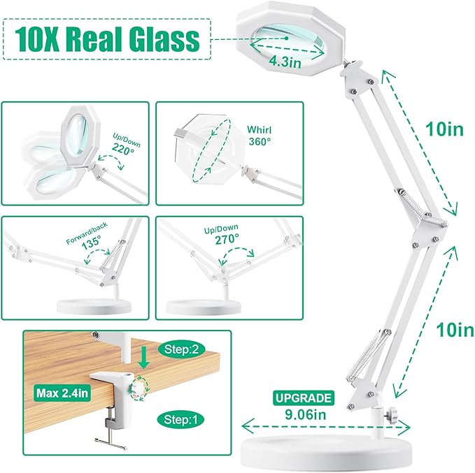 10X Magnifying Glass with Light Hand Free, HITTI 3 Color Stepless Dimmable Magnifying Lamp, 2-in-1 Lighted Deak Lamp & Clamp, Magnifier with Light and Stand for Crafts Reading Close Workbench Repair - LeafyLoom