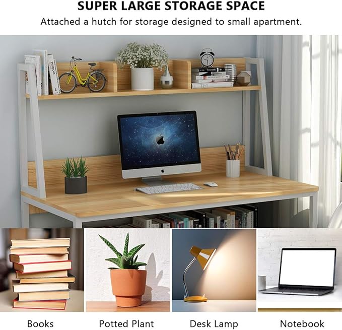 Tribesigns Computer Desk with Hutch, 47 inches Home Office Desk with Space Saving Design with Bookshelf for Small Spaces (Light Walnut, 47) - LeafyLoom