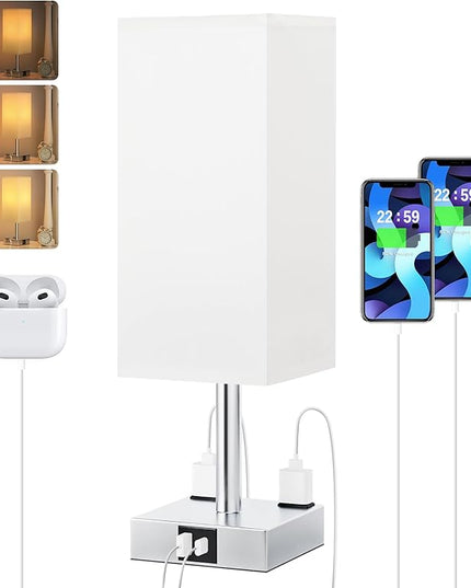 Touch Bedside Table Lamp For Nightstand - 3-Way Dimmable Night Lamp with USB A + Type C Charging Ports and two AC Outlets, Small Desk Light with E26 LED Bulb for Bedroom Living Room Dorm Office,WHITE - LeafyLoom