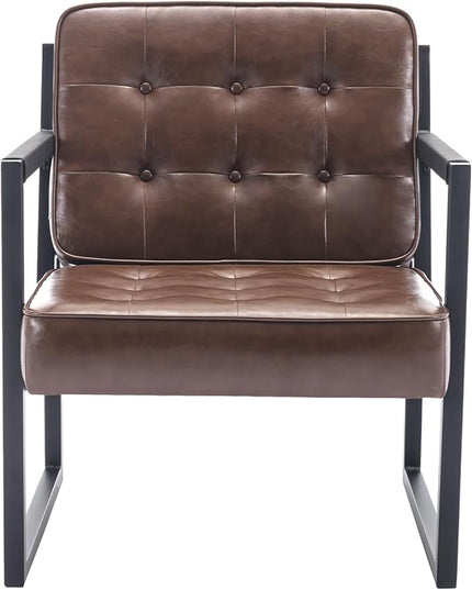 COLAMY Mid Century Modern Accent Chair, Comfy Living Room Chairs, Brown Leather Accent Chair, Faux Leather Reception Armchair with Metal Legs for Living Room Bedroom Reception Waiting Room, Brown - LeafyLoom