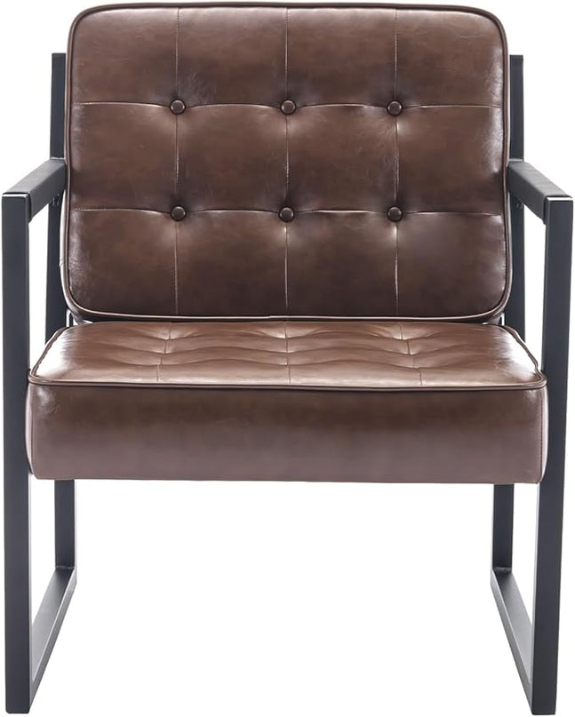 COLAMY Mid Century Modern Accent Chair, Comfy Living Room Chairs, Brown Leather Accent Chair, Faux Leather Reception Armchair with Metal Legs for Living Room Bedroom Reception Waiting Room, Brown - LeafyLoom